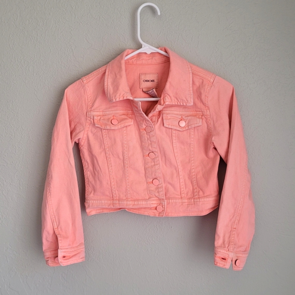 Coral Cherokee Semi-Cropped Jean Jacket Girls Sz M 7/8